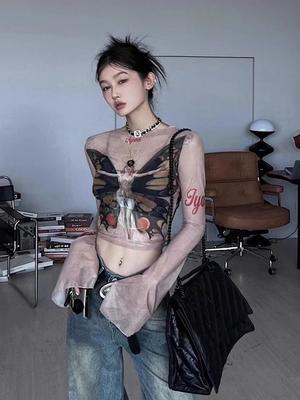 Korejská trička Simple Lace Up Print Spring New Slim Fit Mesh Tops Dámské Y2k E-Girl Tričko s dlouhým rukávem