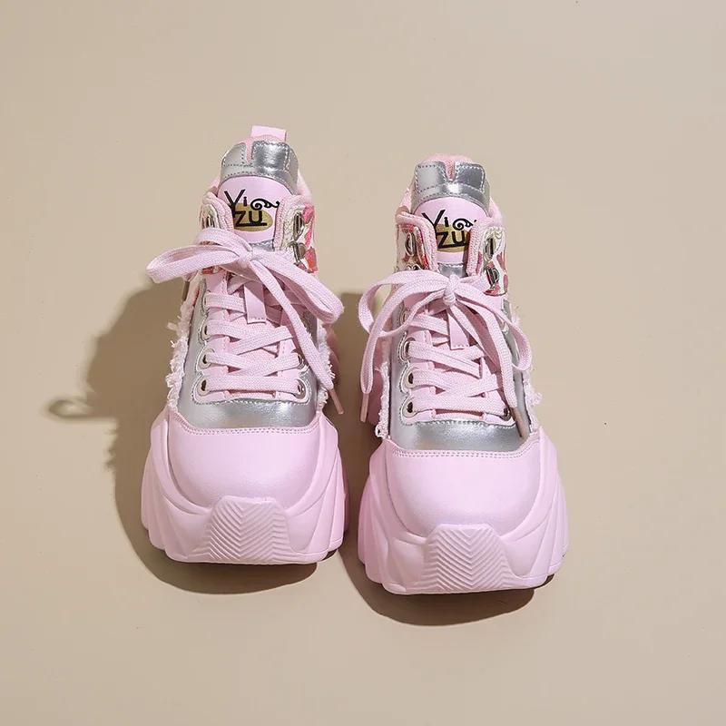 Fashion New Women Casual Platform Sneakers 8.5CM High Heels Autumn Sports Leather Shoes Breathable Trainers Chunky Zapatos Mujer