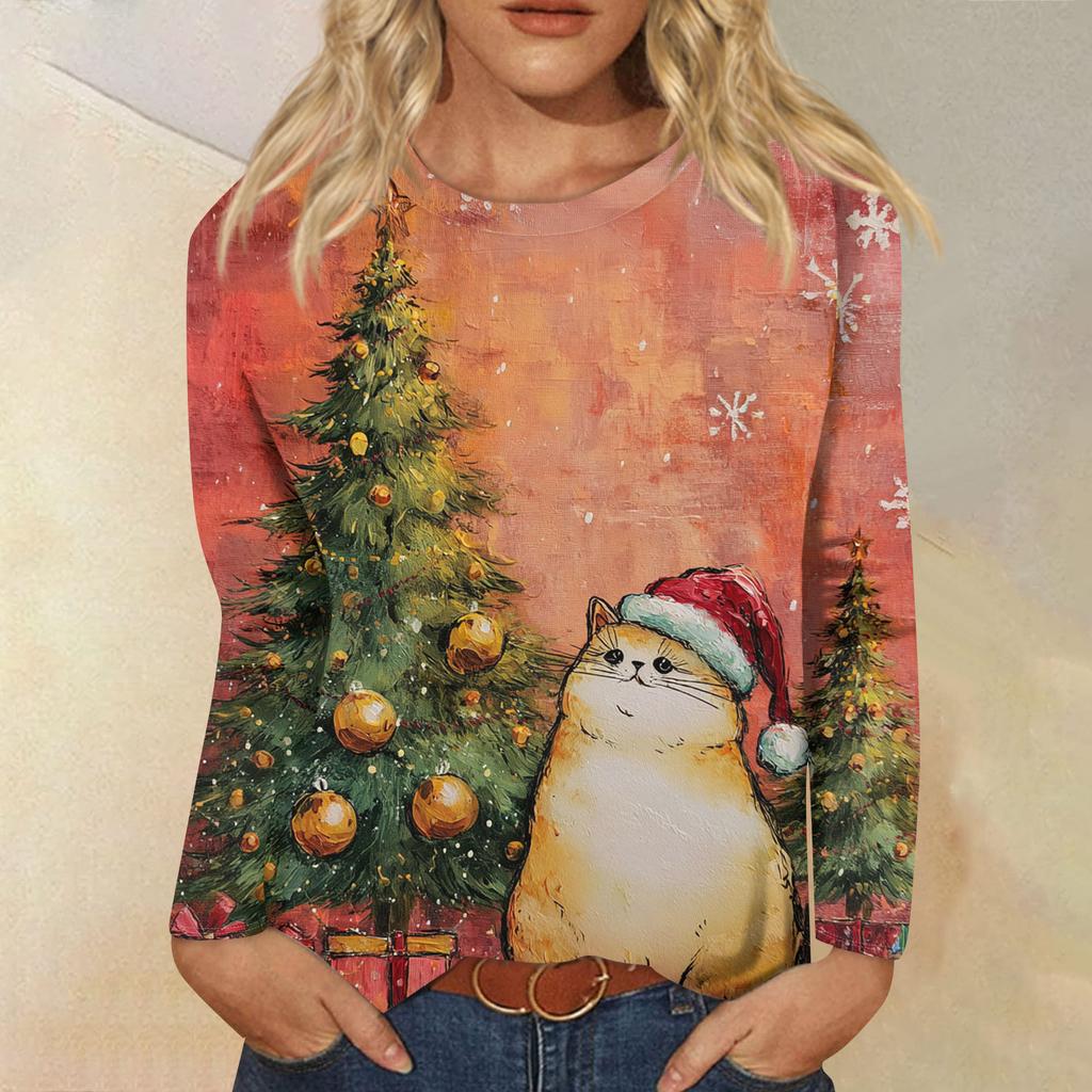 Women's Loose Comfortable Casual Fashion Round Neck Christmas Print Long Sleeve Hoodie