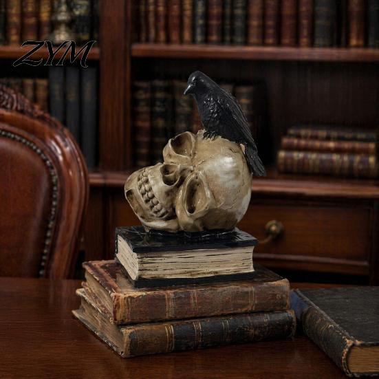 Spooky Bookshelf Display Figurines Halloween Skull Head Statue, Gothic Crow And Book Sculpture, Unique on Statue Gift Resin for Home Party Table