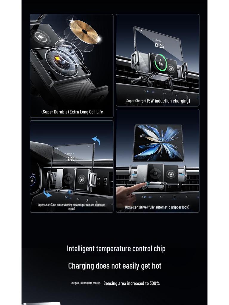 Electric Foldable Phone Holder with Wireless Charging & Clamping Arm for Horizontal/Vertical Car Mounting