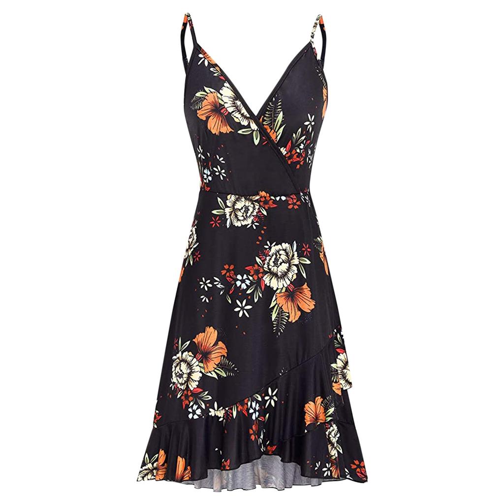 Women Casual Print V-Neck Sleeveless Sling Dress
