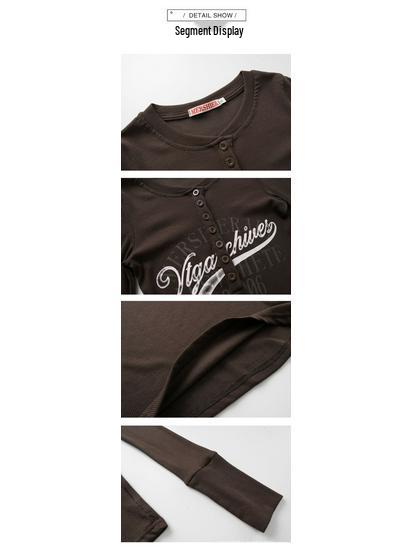 Haut slim à manches longues Henley avec imprimé lettres américaines pour femme