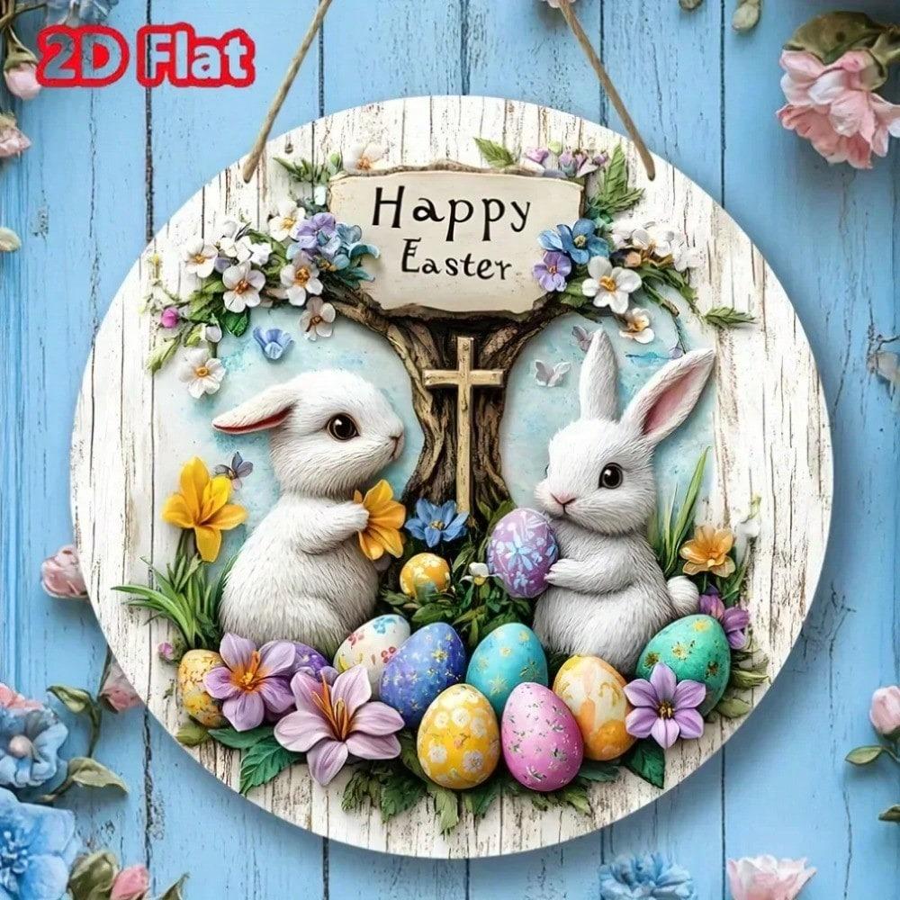 Metal Tin Sign Rabbit Easter Eggs Wall Art Rustic Porch Holiday Home Decor