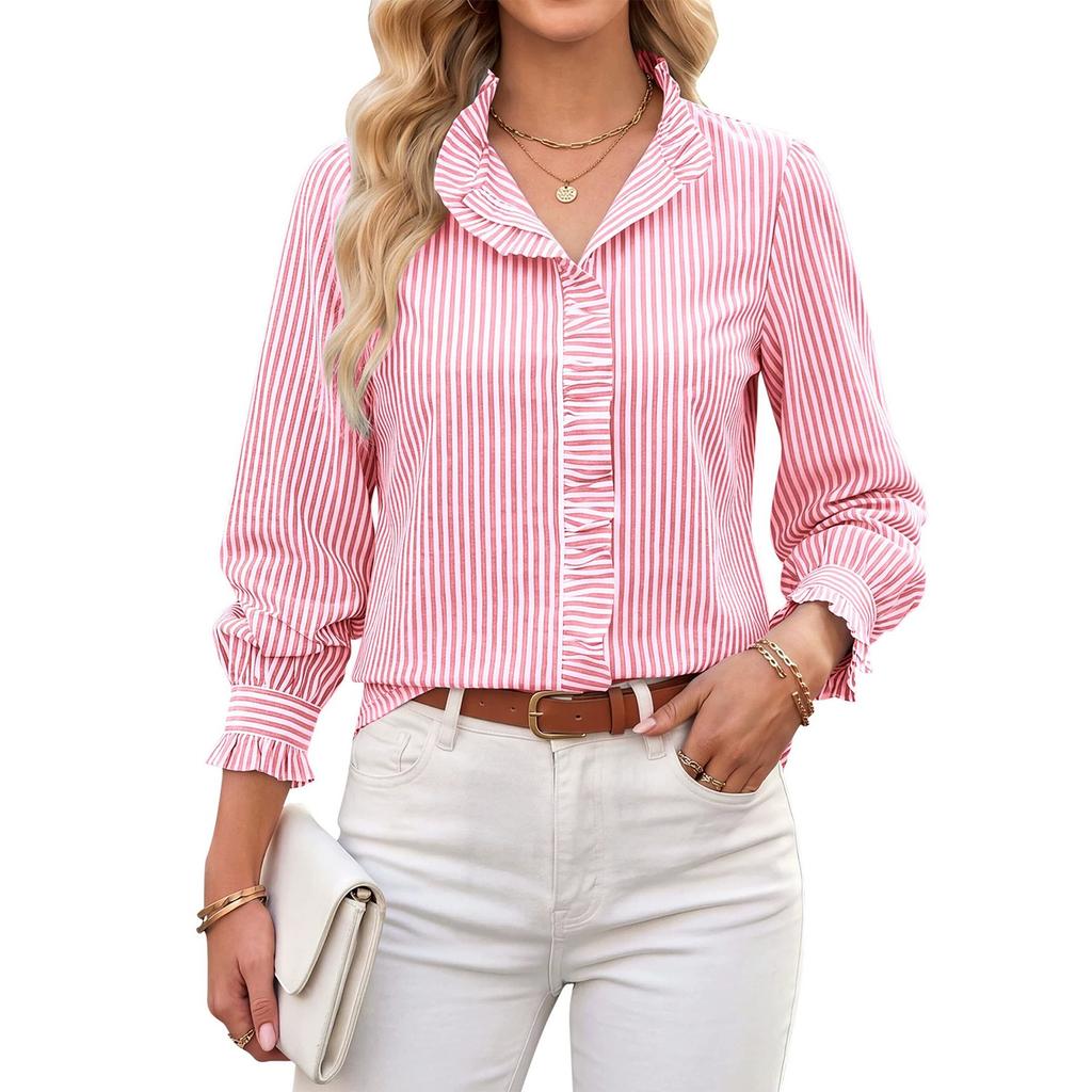 Women's Striped Long Sleeve Shirt V Neck Casual Button Down Shirt Lightweight Relaxed Fit Blouse for Everyday Wear
