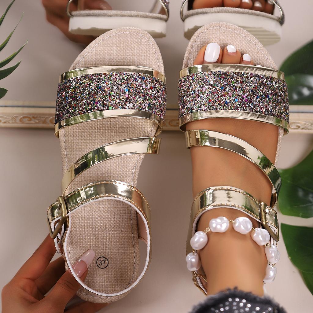 Large size summer new sequins fashionable one-word buckle with platform sandals versatile and comfortable women's sandals