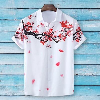 Men Shirt Cardigan Contrast Color Chinese Style Ink and Wash Painting Plum Blossom Summer Top Daily Clothes