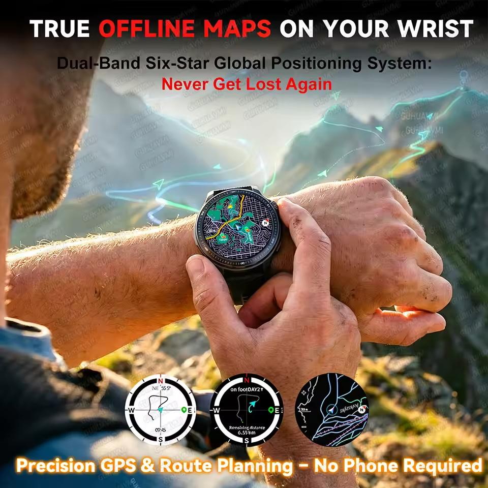 New Outdoor GPS Offline Map Sports Smart Watch Compass Altimeter 4GB Memory Video Music Playback Waterproof Smartwatch Men