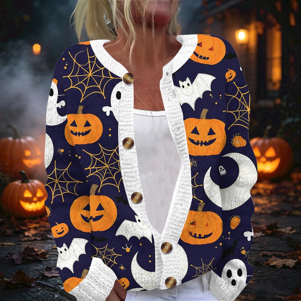 Damski kardigan z dzianiny z nadrukiem na Halloween, z długim rękawem, zapinany na guziki
