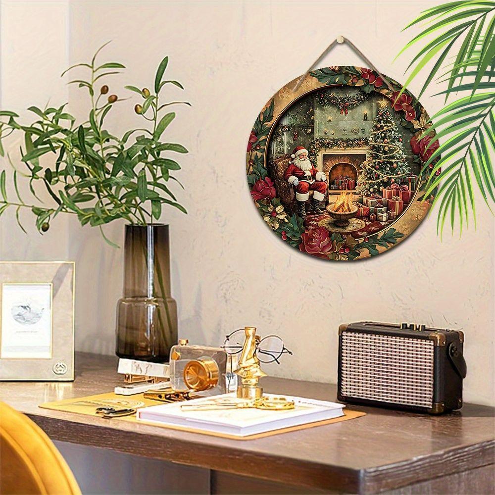 Vintage Santa Fireplace Christmas Round Wooden Hanging Sign, 2D Flat Printed Floral Wreath Front Door Decor, Xmas Gift Tree Wall Ornament Gift