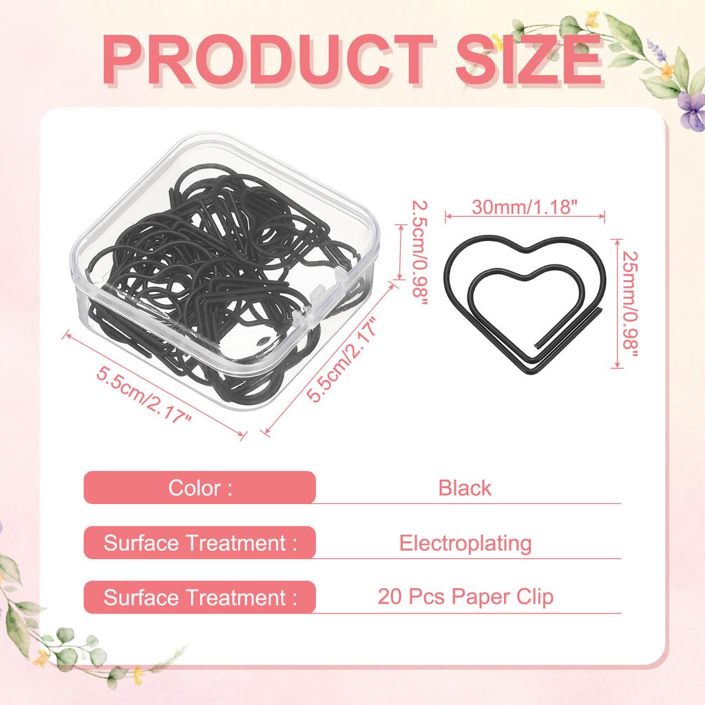 20Pcs Heart Shape Metal Paper Clips Binder Clip Mini Bookmark Book Binding Note Decor Stationery School Office Binding Supplies