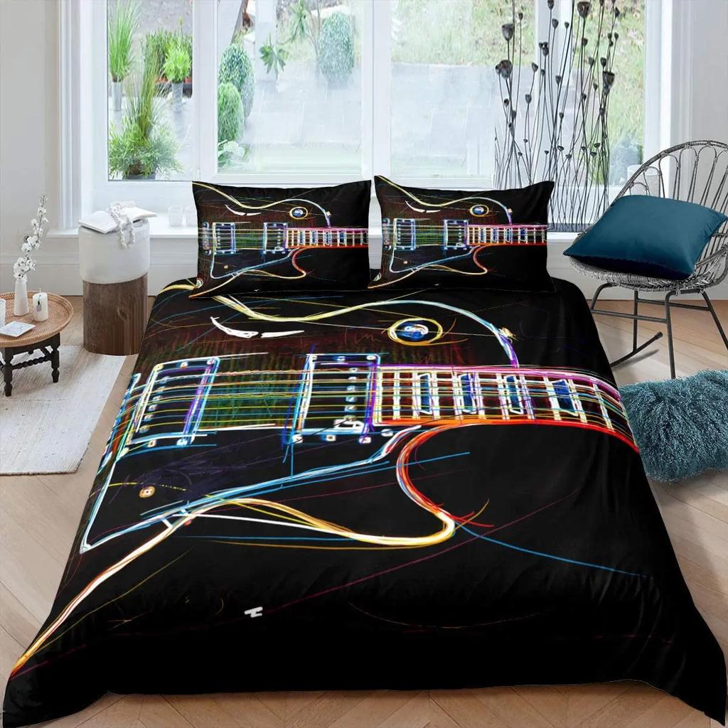 Guitar Duvet Cover Set King Queen Full Size Watercolour Style Polyester Comforter Cover for Kids Boys Girls Teens Bedding Set