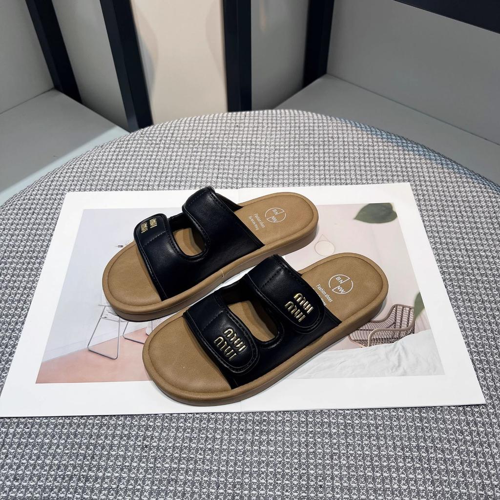 Thick-soled Letter Velcro One-word Cool Slippers Women's 2025 New Comfortable and Lightweight Beach Slippers