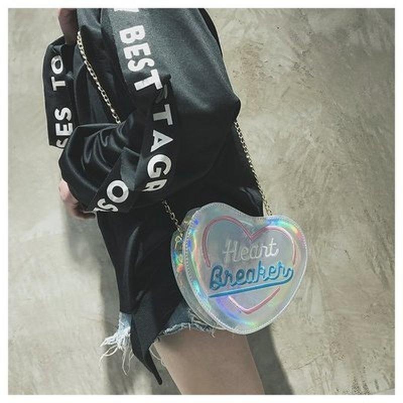Chic Women Heart Hologram Wallet Laser PU Big Zipper Clutch Bag Pouch