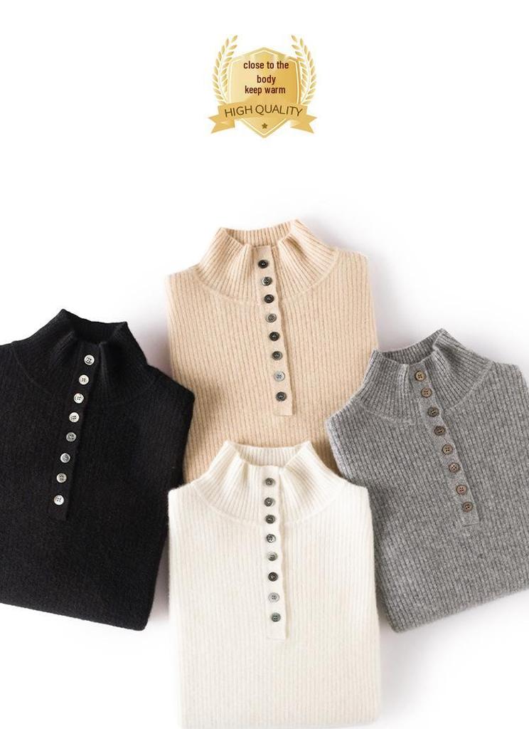 Women's 100% Cashmere High Neck Sweater, Slim Fit, Base Layer, Gold Button Detail, Knit