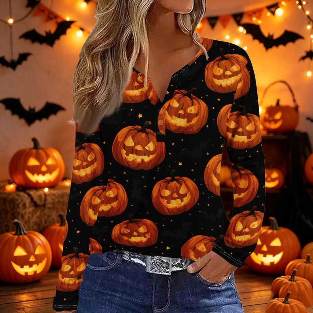 Women's Long Sleeve V Neck T Shirt Halloween Print Button Detail Casual Top Lightweight Soft Fabric Comfortable Fit