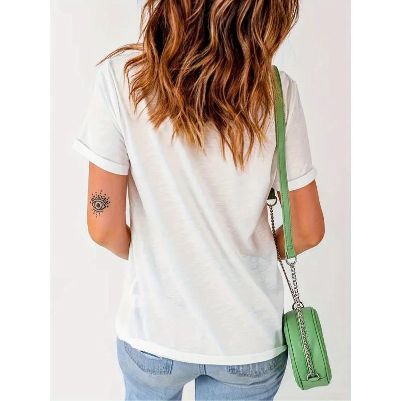 European Size Women'S White T-Shirt with Vibrant Blue Floral Heart Print - Short Sleeve, Round Neck, Casual Summer Top