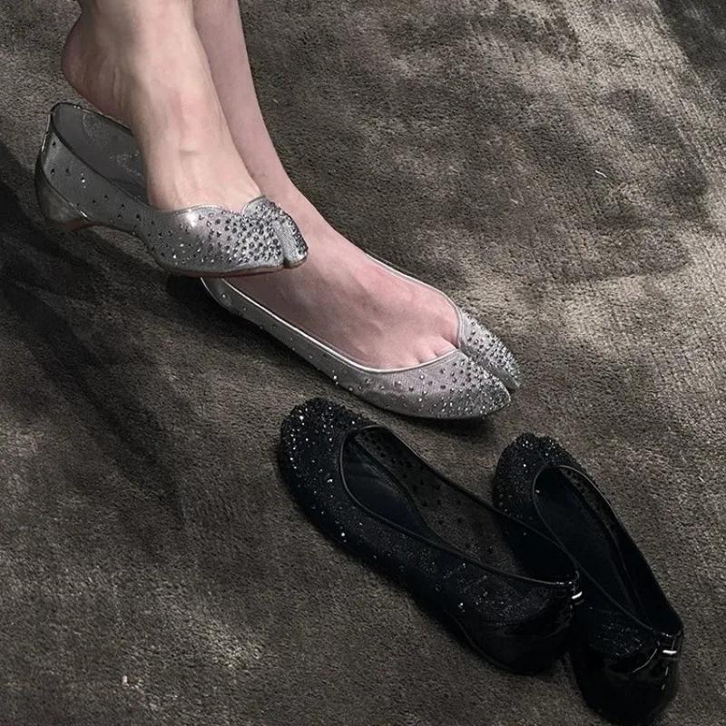 Rhinestone New Mesh Breathable Split Toe Women's Shoes Pointed Toe Slip Shallow Mouth Soft Sole Flat Single Shoes
