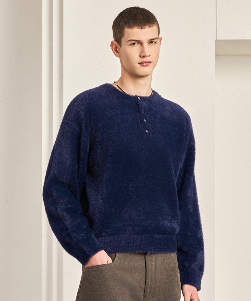 HYOJI Fw Oversized Heavy Angora Semi-Crop Henley Neck Knit (7 Colors)
