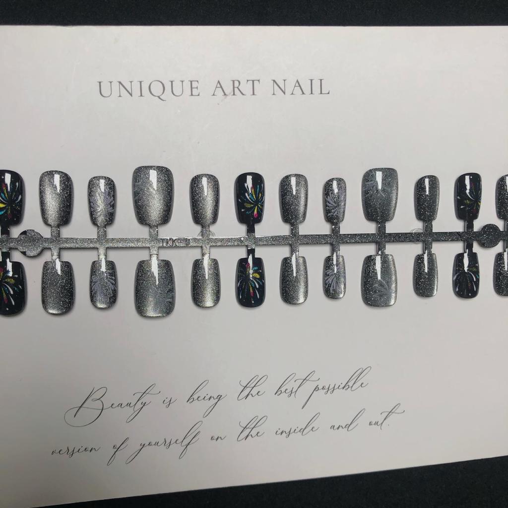 Black Fireworks Cat Eye Press-On Nails - Short, Removable Nail Art