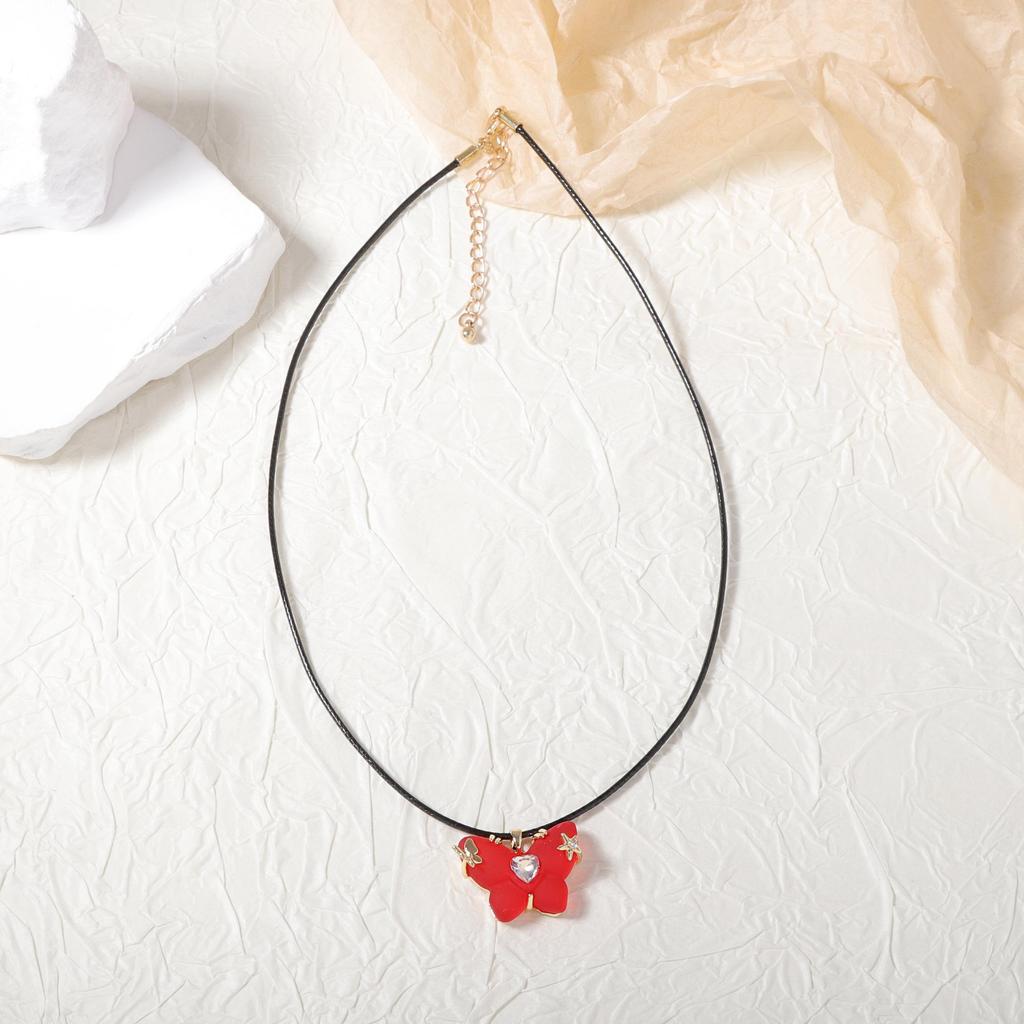 Korean Version of Simple and Fashionable Jelly Red Inlaid Zircon Resin Butterfly Pendant Necklace Versatile Daily Wear Women's Models