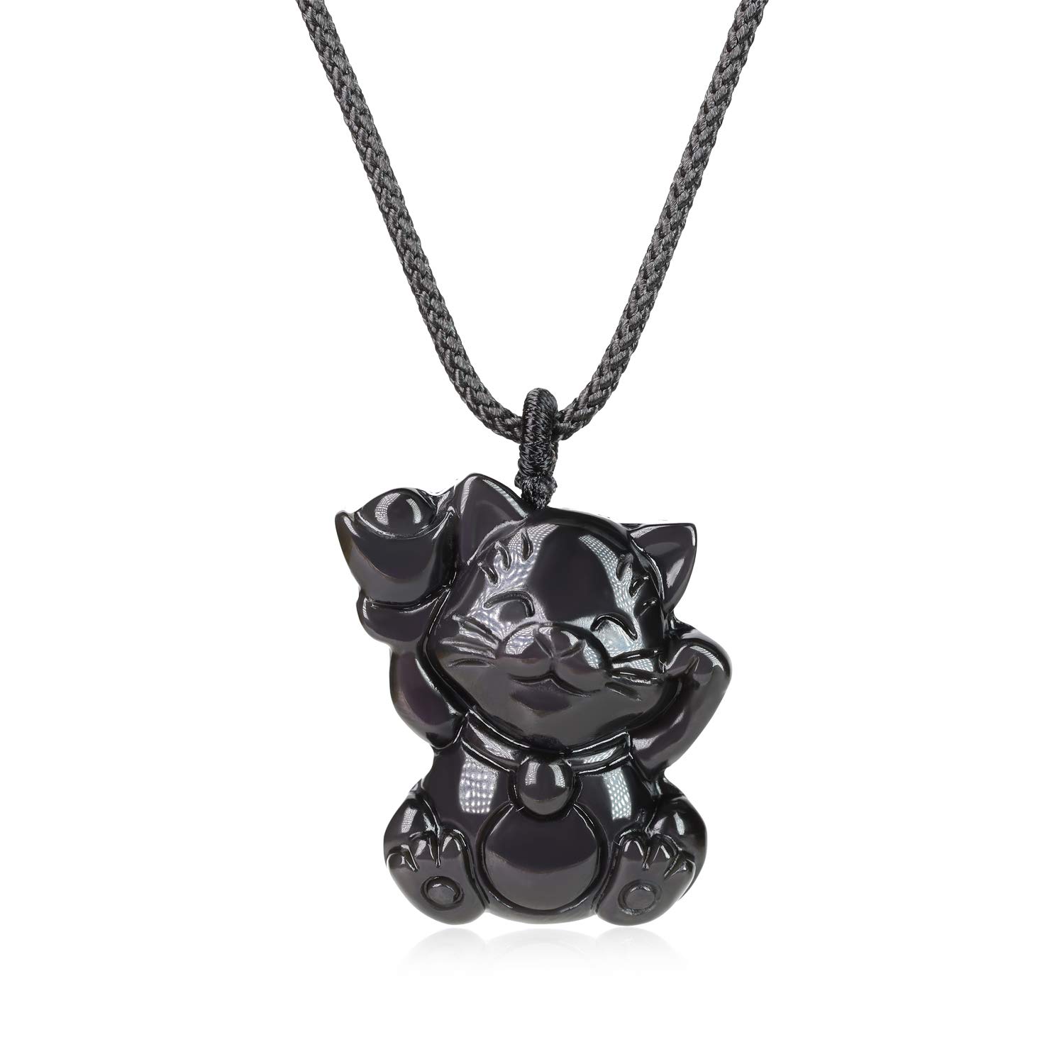 

Lucky Cat Obsidian Good Luck Power Stone Necklace Unisex [Koai] чорний