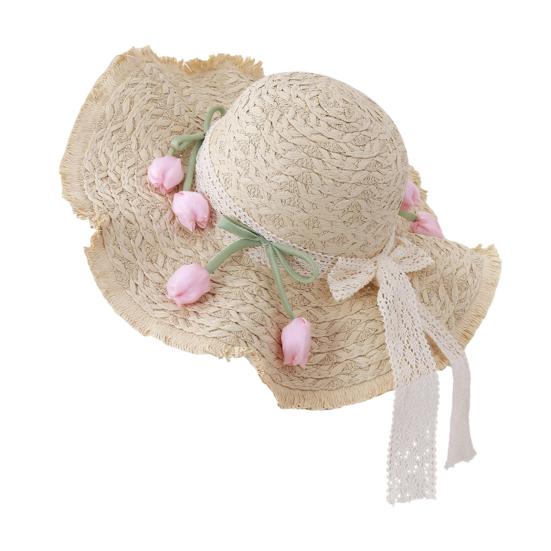 

Summer Beach Hat Wavy Fringe Detail Tulip Decor Lace Ribbon Straw Hat French Style Foldable Portable Outdoor Travel абрикосовый