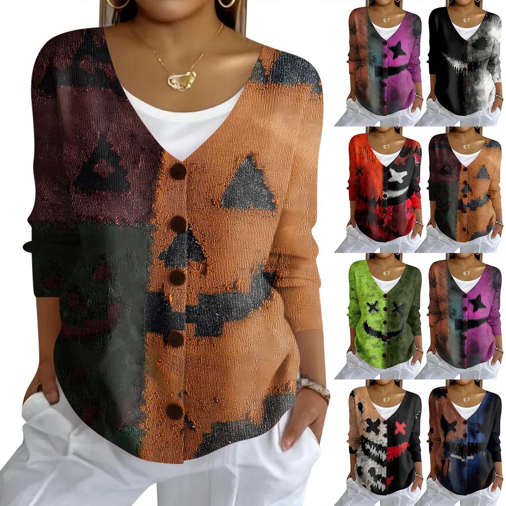 Women's Fashion Casual Knit Sweater Button-Up Halloween Printed  Cardigan Jacket