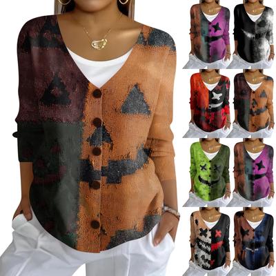 Women's Fashion Casual Knit Sweater Button-Up Halloween Printed  Cardigan Jacket