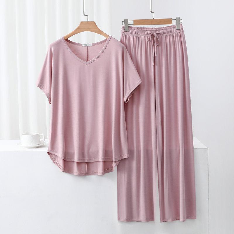 Summer Modal Homewear 2 Piece V-Neck Short Sleeve Tshirt and Wide Leg Pant Ankle Length Loose Sleepwear Set Comfort Pajama Sets