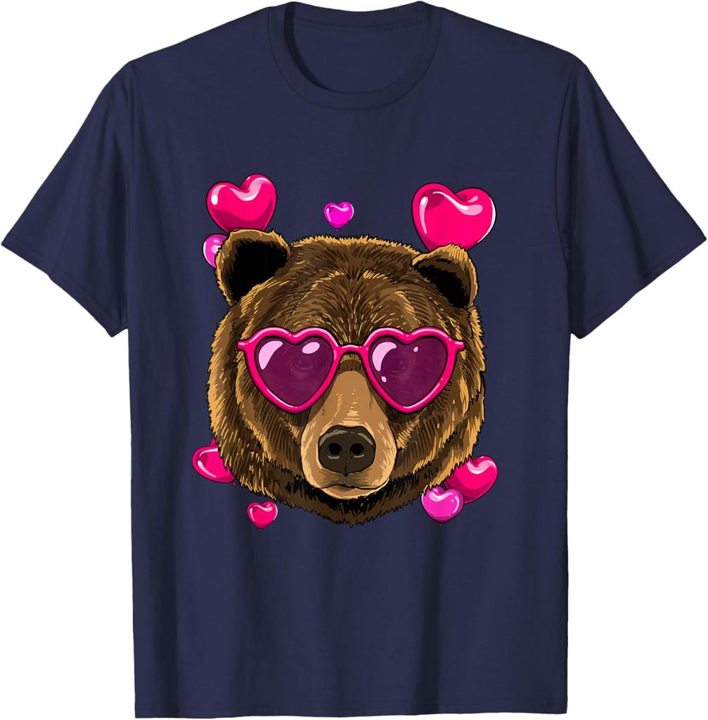Bear Wearing Heart Sunglasses Valentines Day Graphic T-Shirt Casual Cotton Crewneck Tee
