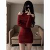 Off-Shoulder Knitted Bodycon Dress - Long Sleeve, Autumn/Winter Style, Waist-Cinching Short Skirt