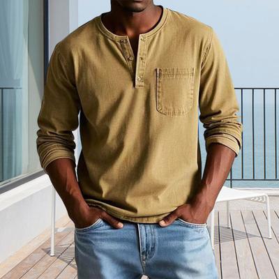Pánske tričko s okrúhlym výstrihom, golierom na gombíky, dlhým rukávom, vreckom vpredu, jednofarebné, slim fit, ležérne topy