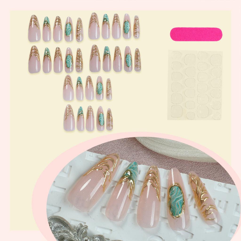 30PCS Glossy Nude Long Fake Nails with Green Pattern Prevailing Natural Look Press-On Nail Sets for Fingernail DIY Decoration