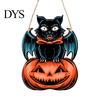 Autumn Theme Wall Ornament Halloween Wooden Door Hanging Sign, Black Cat Bat Pumpkin Plaque with Creative Holiday Party Supplies Jute Rope, Farmhouse