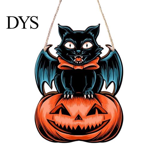 Autumn Theme Wall Ornament Halloween Wooden Door Hanging Sign, Black Cat Bat Pumpkin Plaque with Creative Holiday Party Supplies Jute Rope, Farmhouse