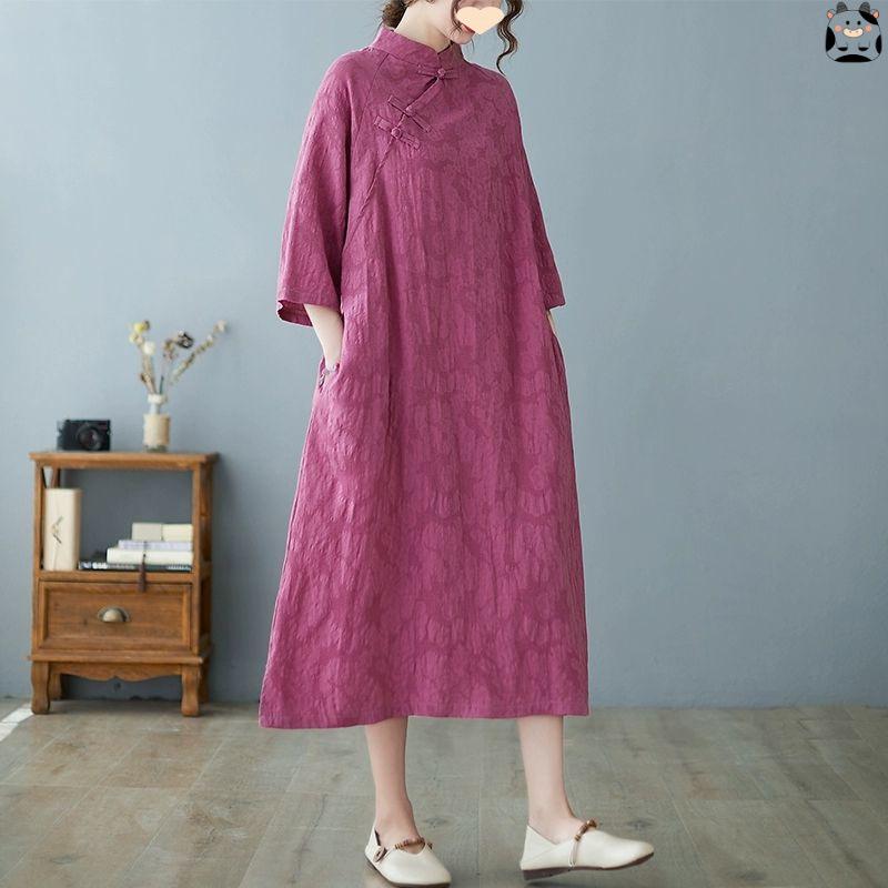

Vintage Diagonal Buckle Cotton Linen Qipao Dress Chinese Style Leisure Temperament Dress Elegant Literature Art Cheongsam 3XL фіолетовий