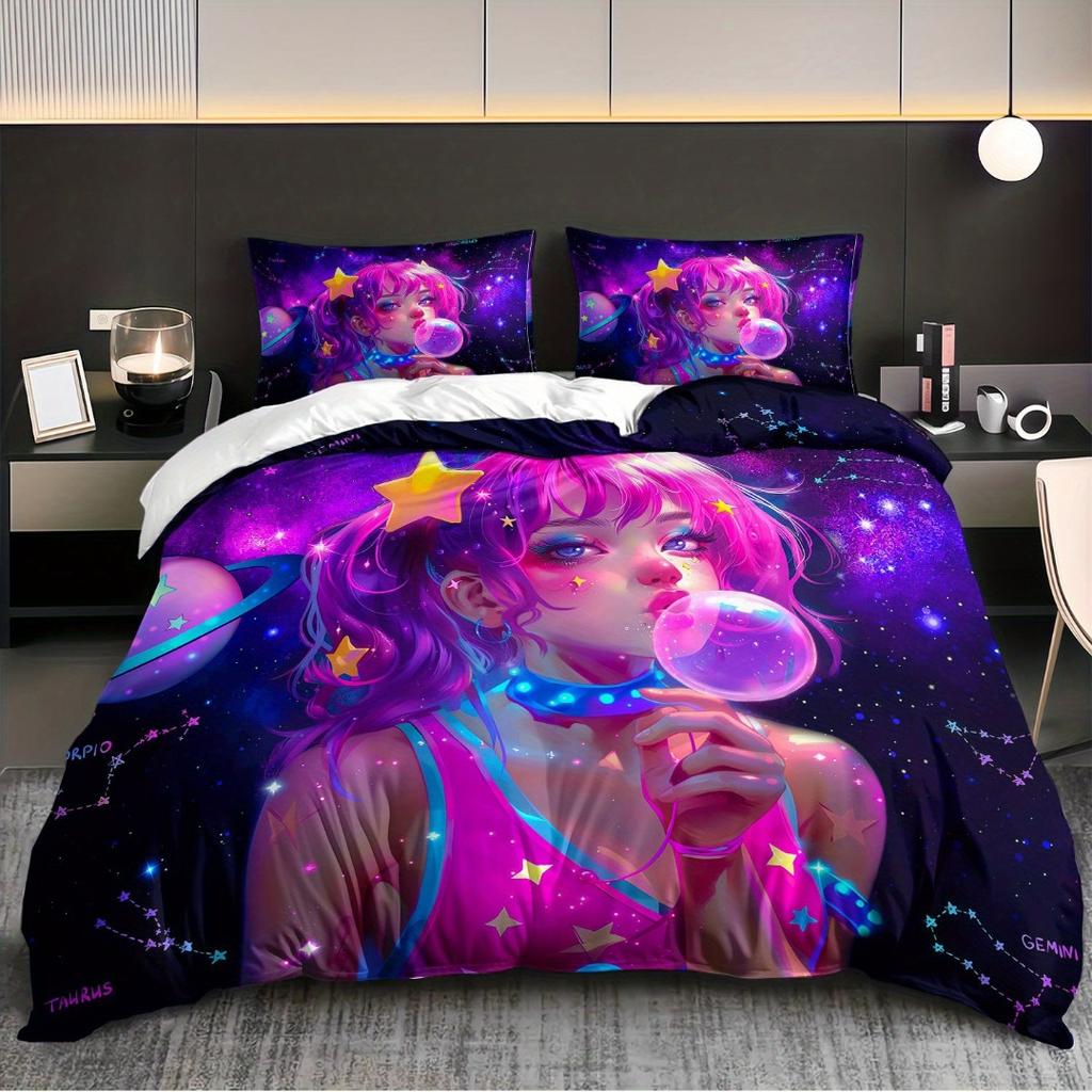 3pcs Anime Girl for galaxy Bedding Duvet Cover Set Zodiac Constellation Bedding Quilt Set Cute Girl Themed Bed Quilt Set Space