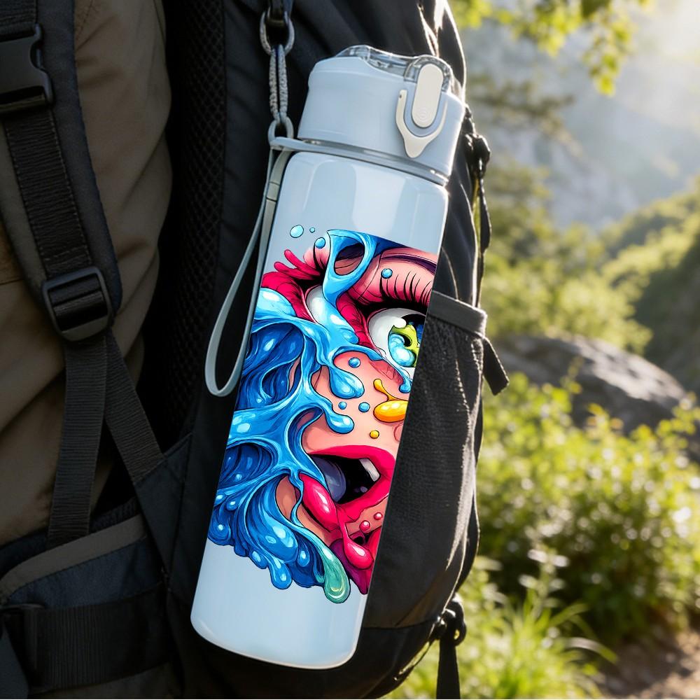 1PC Multicolor Abstract Face Graffiti Print 750ml Color Plastic Sports Water Bottle Leakproof Flip Straw Lid Suitable for Sports Office Home Use
