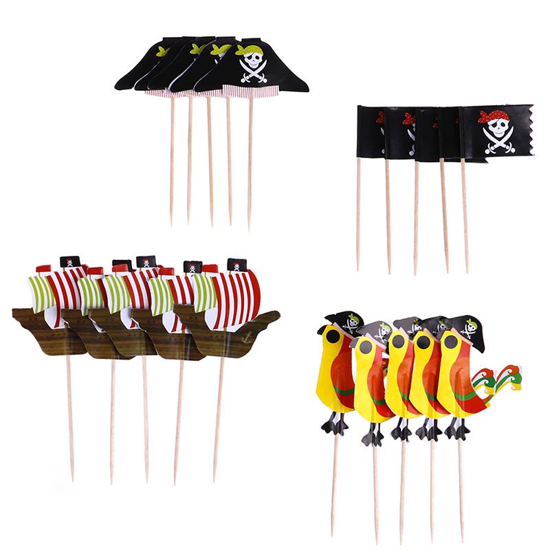 24Pcs Cake Toppers Pirate Theme Fruit Picks Insert Card Halloween Party Decor