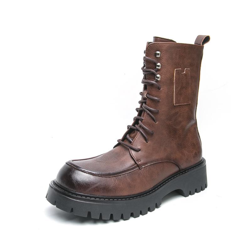 Men's British Style Leather High-Top Martin Boots - Autumn/Winter, Thick Sole, Height-Increasing, Long Lace-Up, Motorcycle Design.