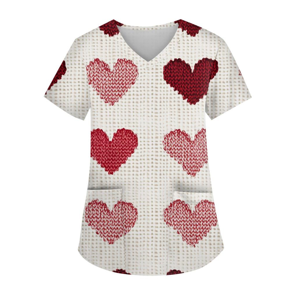 Damenmode, lässig, kurzärmelig, mit Herz-Print, V-Ausschnitt, Oberteil zum Valentinstag