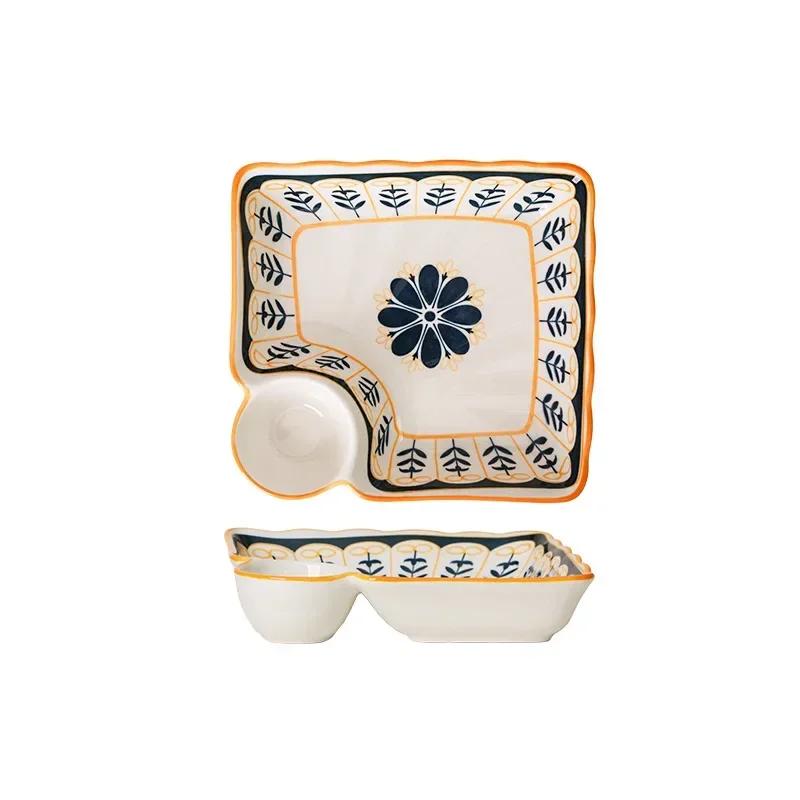 Dumpling Plate with Vinegar Dish Household Ceramic Plate Breakfast Compartment Plate High-Grade Dumpling