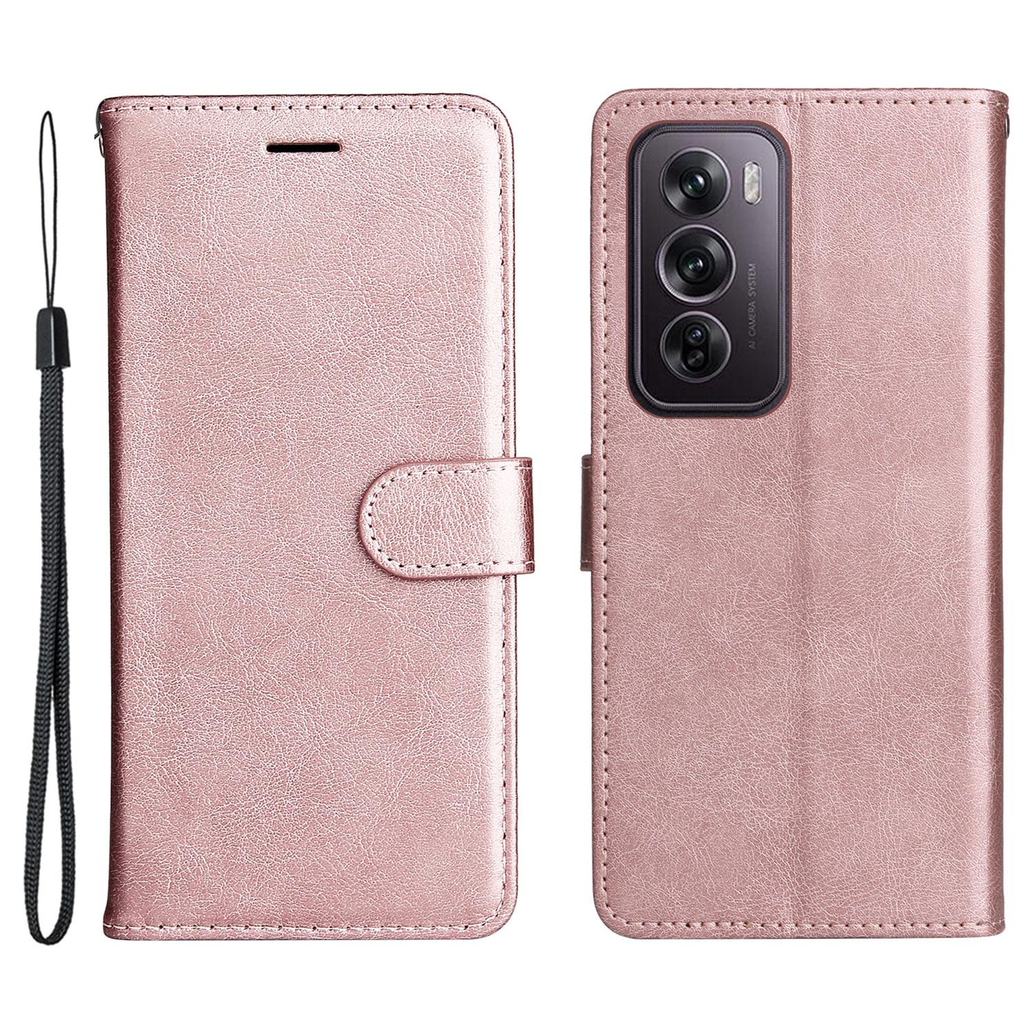

For Oppo Reno12 Pro 5G (China)/(Global) Case Solid Color Leather Mobile Cover Wallet Stand with Strap Rose Gold
