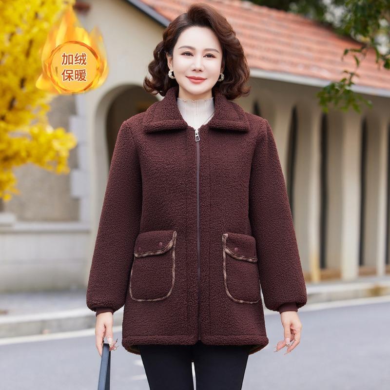 Winter solid color granular fleece new fleece lapel warm long top medium loose coat