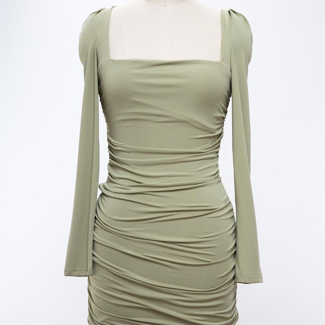 

GMXIA Женская мода весна-осень однотонные повседневные платья с длинным рукавом и квадратным воротником с высокой талией L светло-зеленый