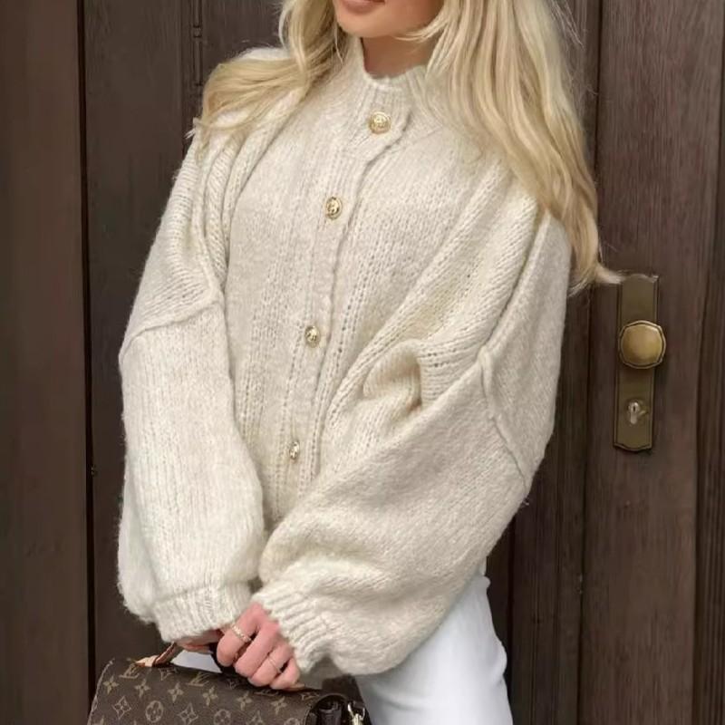 Cardigans Femininos Outono Manga Longa Tricô Botão Abertura Frontal Casaco Casual Outerwear Cardigans Grossos Femininos Gola Redonda Cardigans Suéteres