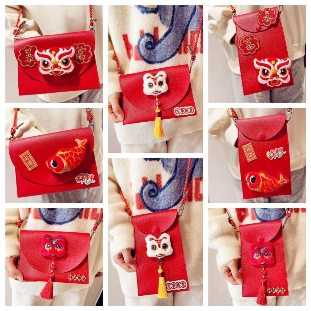 Cross Body PU Leather Red Envelope Tassel Lion Dance New Year Money Envelope  Celebration Party