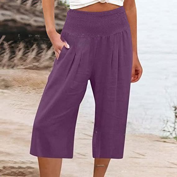 Summer Eurn Women's Cross-border Cotton Hemp Seven Waist Pocket Pocket Pocket Pocket Wide Leg Pants Woman