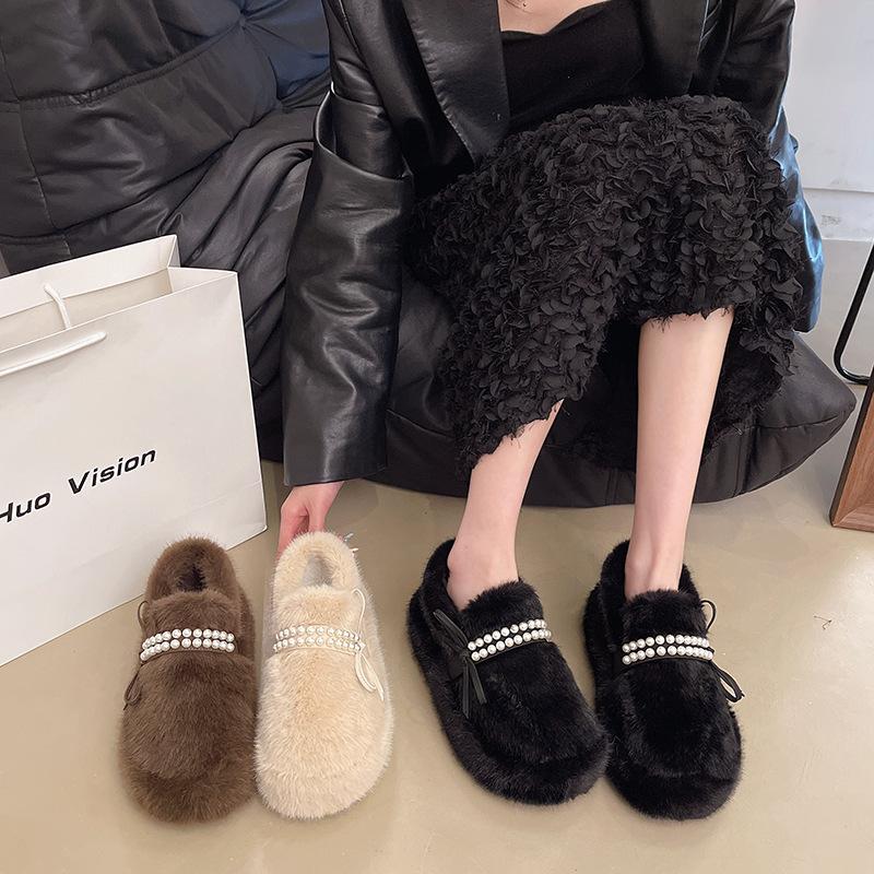 Plush Thick-soled Fluffy Shoes for Women's Outer Wear 2025 New Winter Pearl Bow Small Fragrant Soft-soled Cotton Shoes